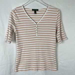 Lauren Ralph Lauren Womens White Orange Stripe Short Sleeve V-Neck Shirt Medium